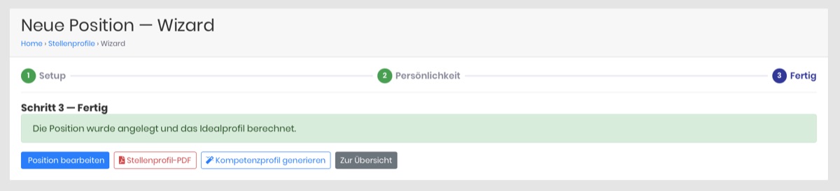 Wizard Schritt 3: Position angelegt und Idealprofil berechnet